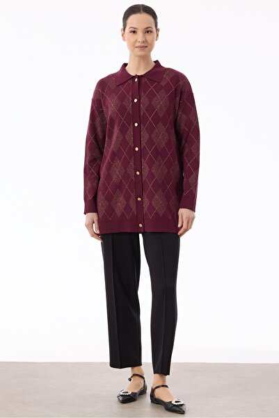 Tığ Triko Polo Yakalı Triko Hırka BORDO