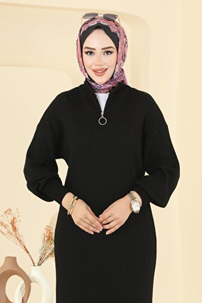 ModaMerve Yakası Yarım Fermuarlı Triko Elbise 8341KL398-MS Siyah