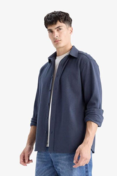 DeFacto Cămașă cu mânecă lungă pentru bărbați E9023AX/NV86 NAVY