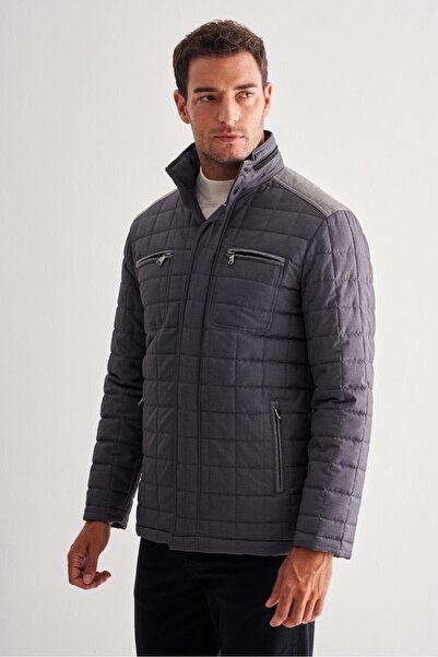 İmza Anthracite Zippered Stand Collar Quilted Slim Fit Classic Coat 1007255124