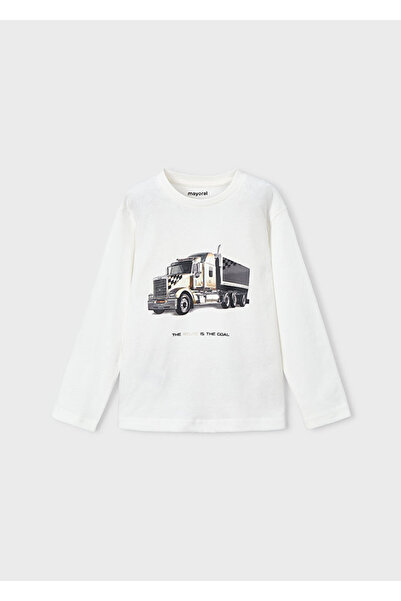 MAYORAL Truck Printed Cream Color Crew Neck Long Sleeve 100% Cotton Boys' T-S...