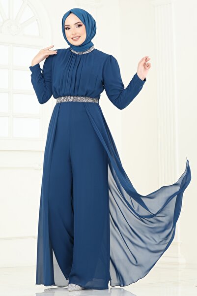 ModaMerve Drapeli Şifon Abiye Tulum 5006AB368-MS Petrol