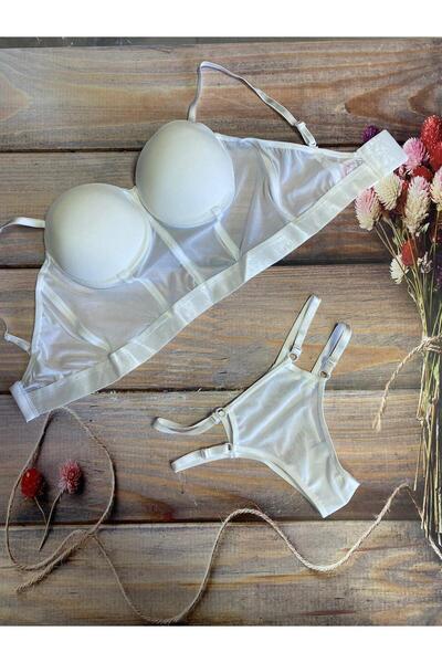 mikam New Season Supported Padded Bustier Tulle Detail Bra Set