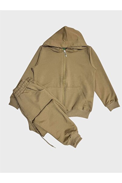 ALİŞ KİDS Boys' Cotton Beige Long Sleeve Hooded Sweatshirt with Pockets and Zipper Suitable for School Tracksuit Set