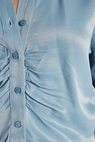 Tudors Kadın Slim Fit Dar Kesim Uzun Kollu Klasik Yaka Mavi Gömlek