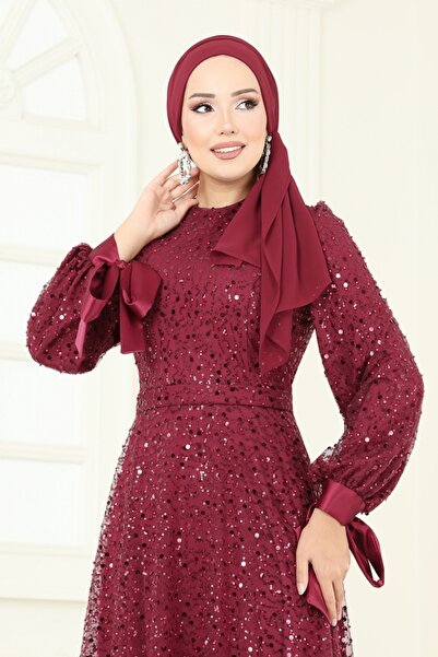 ModaMerve Boncuk Detaylı Tül Abiye 2822ELC1143-MS Bordo