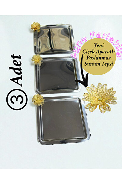 İnterlife 3-Piece Stainless Steel Presentation Tray with Flower Accessories Trend Steel Square Tray for Presentations 21 cm