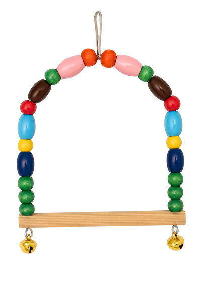 Papağanhane Renkli Boncuklu Ahşap Kuş Salıncağı – Muhabbet Kuşu İçin Zilli Ka...