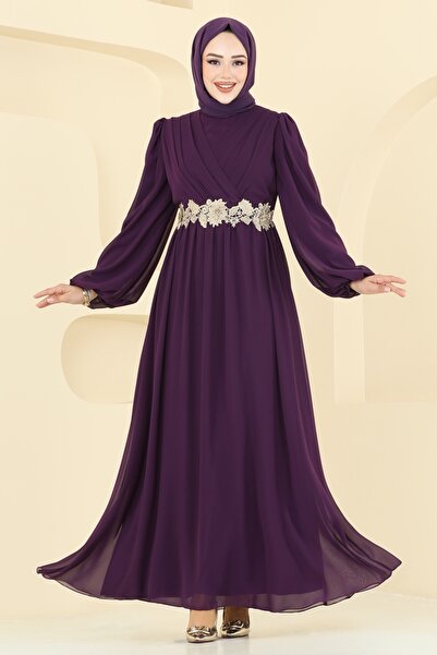 ModaMerve Beli Güpürlü Şifon Abiye 8115AB368-MS Mor