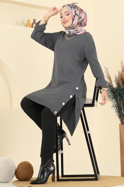 ModaMerve Düğme Detay Yırtmaçlı Tunik 2716AYD574-MS Füme