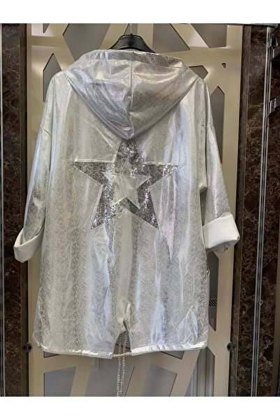 günay boutıque Star Sequin Detailed Leather Look Nubuck Hooded Oversize Jacket-Silver
