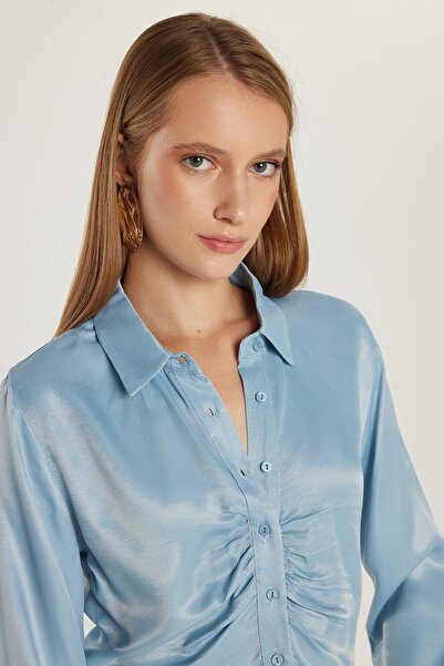 Tudors Kadın Slim Fit Dar Kesim Uzun Kollu Klasik Yaka Mavi Gömlek