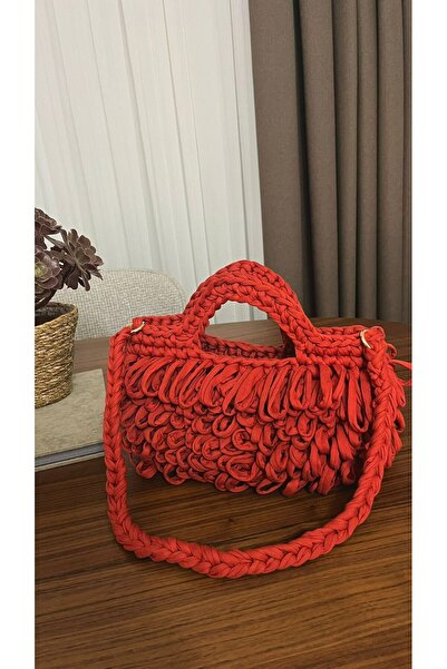 MODA MAVENA El Yapımı Penye İp Örgü Omuz ve El Çantası – Kırmızı, Modern Tasarım