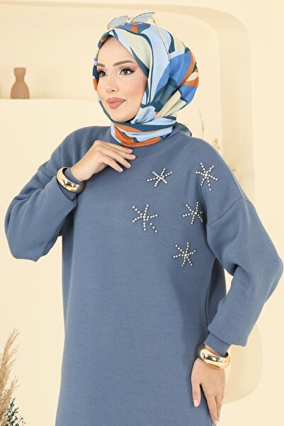 ModaMerve Taş Detaylı Triko Tunik 2717AYD574-MS İndigo