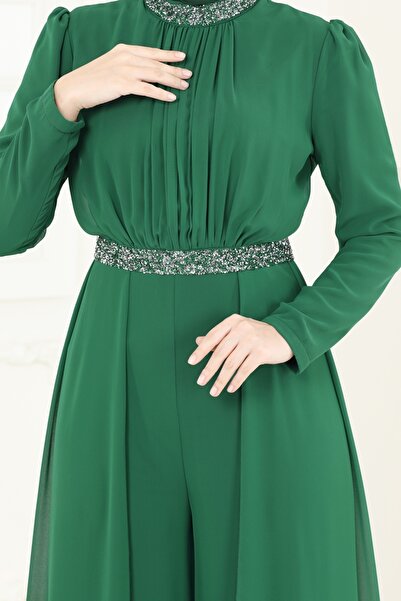 ModaMerve Drapeli Şifon Abiye Tulum 5006AB368-MS Zümrüt