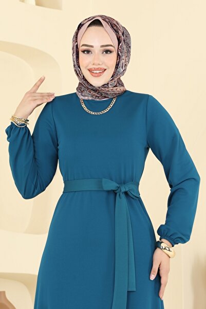 ModaMerve Eteği Katlı Mira Elbise 8133AB368-MS Açık Petrol