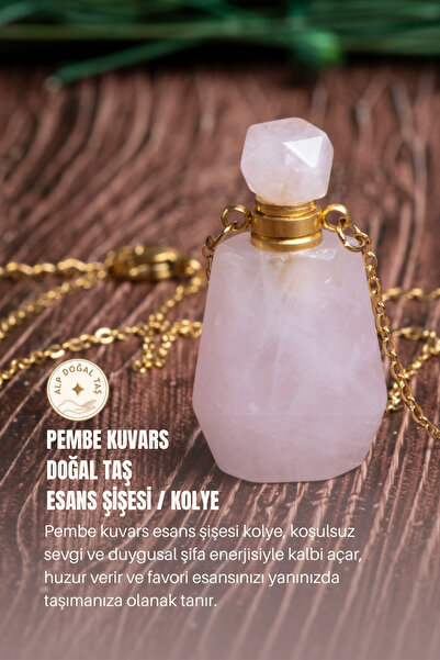 Alp Doğal Taş Sertifikalı Pembe Kuvars Doğal Taş Esans Şişesi / Kolye
