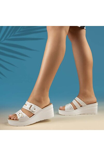 Modlet.ro Papuci de damă albi cu platformă și perforații, casual, MOD13840