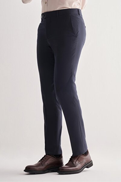 İmza Navy Blue Side Pocket Open Leg Self Patterned Slim Fit Trousers 1003255152