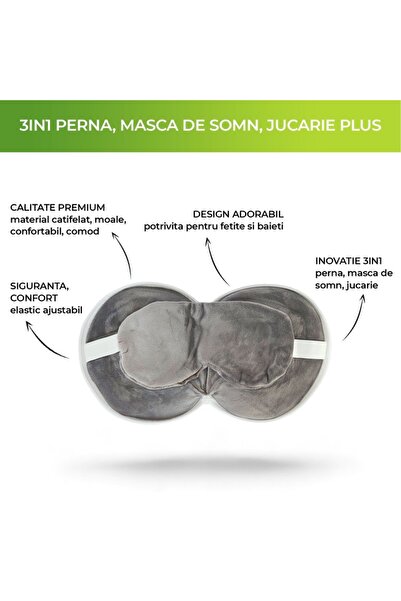 zioda smart essentials Set pernă de călătorie 3 în 1 pentru copii, zioda smart essentials®, cu mască de somn și jucărie, design distractiv cu pisică