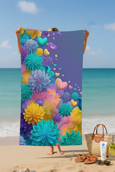 BETHA Heart Flower Patterned Cotton Beach Towel – Patterned Design – 75X150 cm