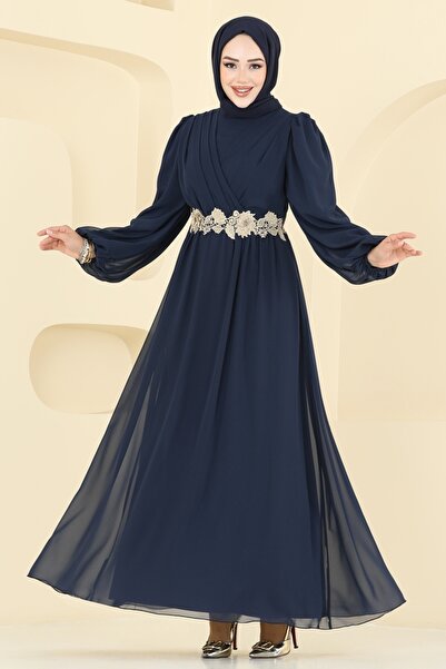 ModaMerve Beli Güpürlü Şifon Abiye 8115AB368-MS Laci