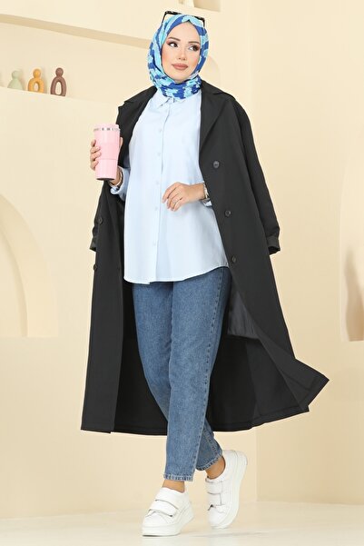 ModaMerve Beli Kuşaklı Trençkot 2516MSA980-MS Siyah