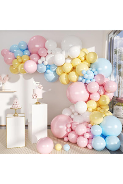 Çemrek Süs Parti Blue Yellow Pink White Balloon Chain Set with 103 Jumbo Balloons