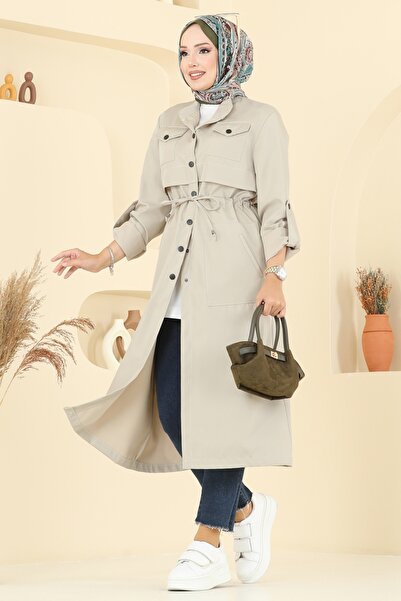 ModaMerve Beli Tünelli Cepli Trençkot 2512MSA980-MS Taş