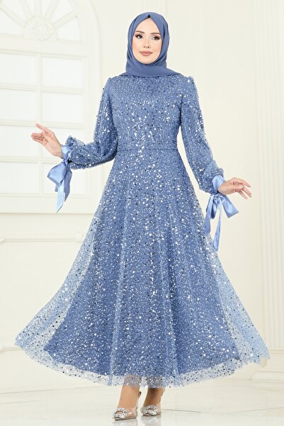 ModaMerve Boncuk Detaylı Tül Abiye 2822ELC1143-MS Mavi