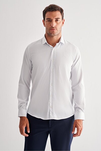 İmza Λευκό μισό-ιταλικό μακρυμάνικο πουκάμισο χωρίς τσέπες σε στενή γραμμή Cl...