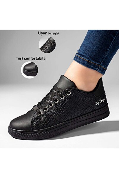 Modlet.ro Γυναικεία μαύρα χαμηλά πάνινα παπούτσια με κορδόνια MOD10949