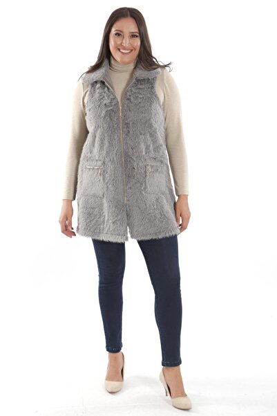 Metpoint Trend42Plus Large Size Gray Fur Vest with Zipper and Pocket Detail