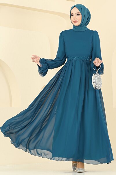 ModaMerve Kemeri İnci Detaylı Abiye 5706EDF311-MS Petrol