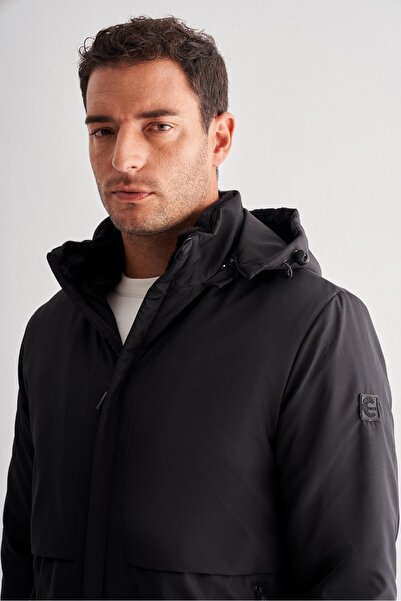 İmza Black Stand Collar Detachable Hood Slim Fit Casual Coat 1007255133