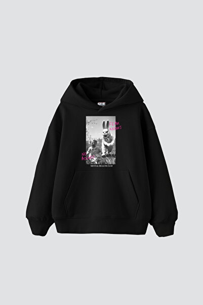 Sekizbiraltı Hanorac negru oversize unisex cu imprimeu vintage No Bounds