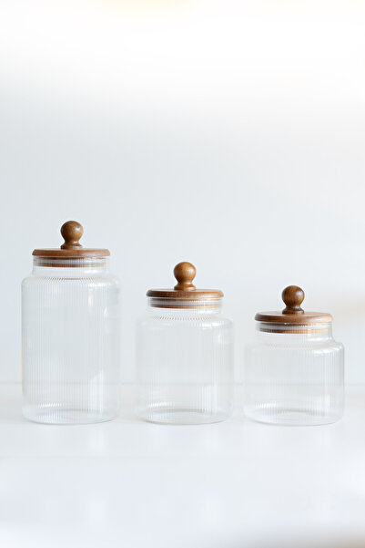 Dekorzdükkan Ball 3-Piece Acacia Lid Striped Glass Jar Set (900/1200/1700ml)