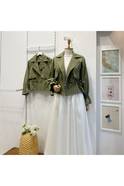 Faya Boutique Haki Yeşili Beli Büzgülü Kısa Trençkot