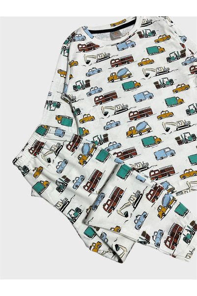 tusem butik homewear Boys' 100% Cotton White Car Pattern Long Sleeve Pajama Set
