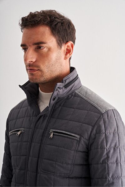 İmza Anthracite Zippered Stand Collar Quilted Slim Fit Classic Coat 1007255124