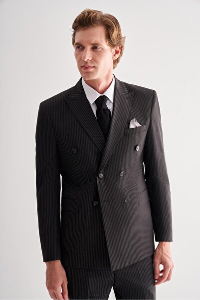 İmza بدلة سوداء بياقة سيف مبطنة بالكامل 6 دروب سليم فيت مرنة بصدر مزدوج 10012...