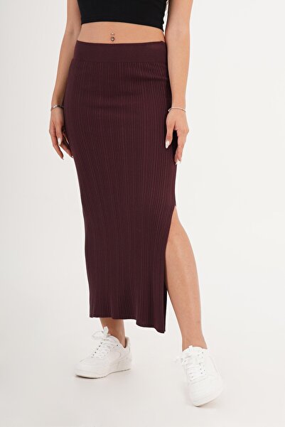 Hipo Trend material reiat talie înaltă Yan cu fantă Fusta din tricot Bordeaux