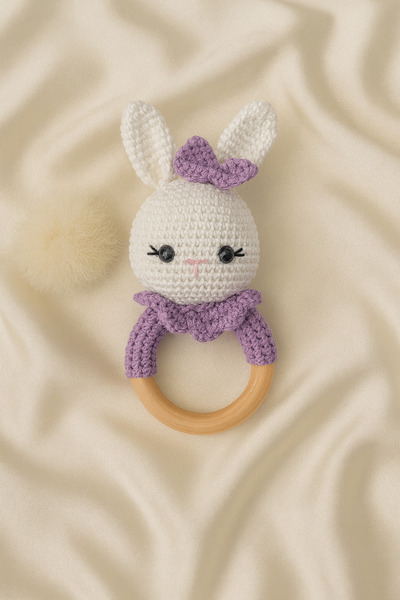 Jaju Baby لعبة أرنب أرجواني من أميجورومي مع خشخيشة وعضاضة 14 سم