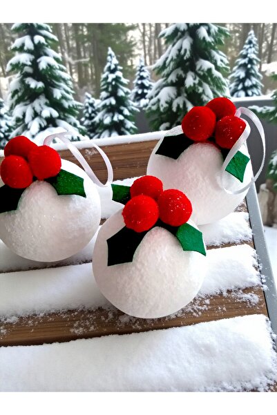 Armada 3 Pieces Christmas Flower Pom-Pom Snowball Appearance Glittery Cute Ball White Christmas Tree Ornament (7 cm)