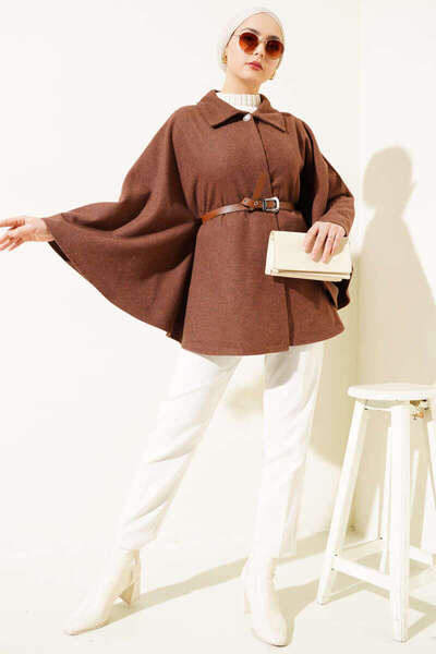 VOLT CLOTHİNG Shirt Collar Belted Cashmere Poncho