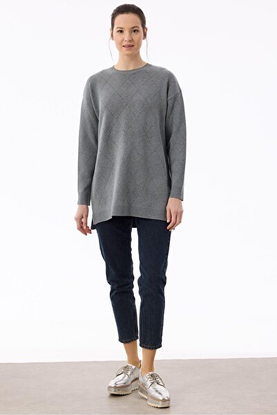 Tığ Triko Baklava Desenli Triko Tunik GRİ MELANJ