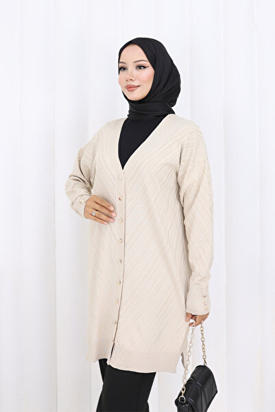 benguen Patterned Long Mercerized Cardigan N3198 Stone Color