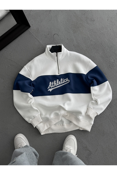BYBASICMAN Beyaz Yarım Fermuarlı Athletics Nakışlı Sweatshirt PM-07