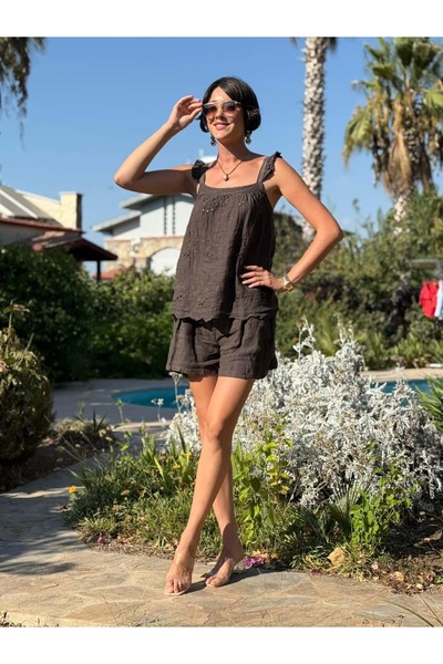 Punta Otantik Nc31211 Embroidered Shoulder Ruffle Linen Italian Shorts Set Brown