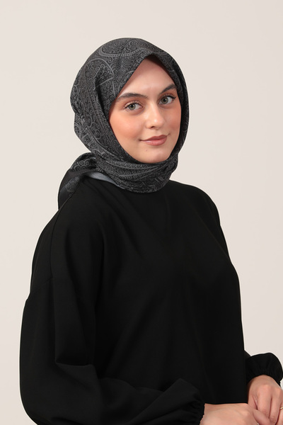 ipekistanbul Eșarfă din mătase de bumbac - model iarbă - afumat negru